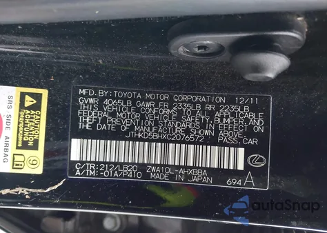 2012 Lexus Ct 200H Premium from USA, damaged, VIN JTHKD5BHXC2076572